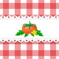 Label with big ripe tomato on chequered backdrop in retro country style for package or product design.
